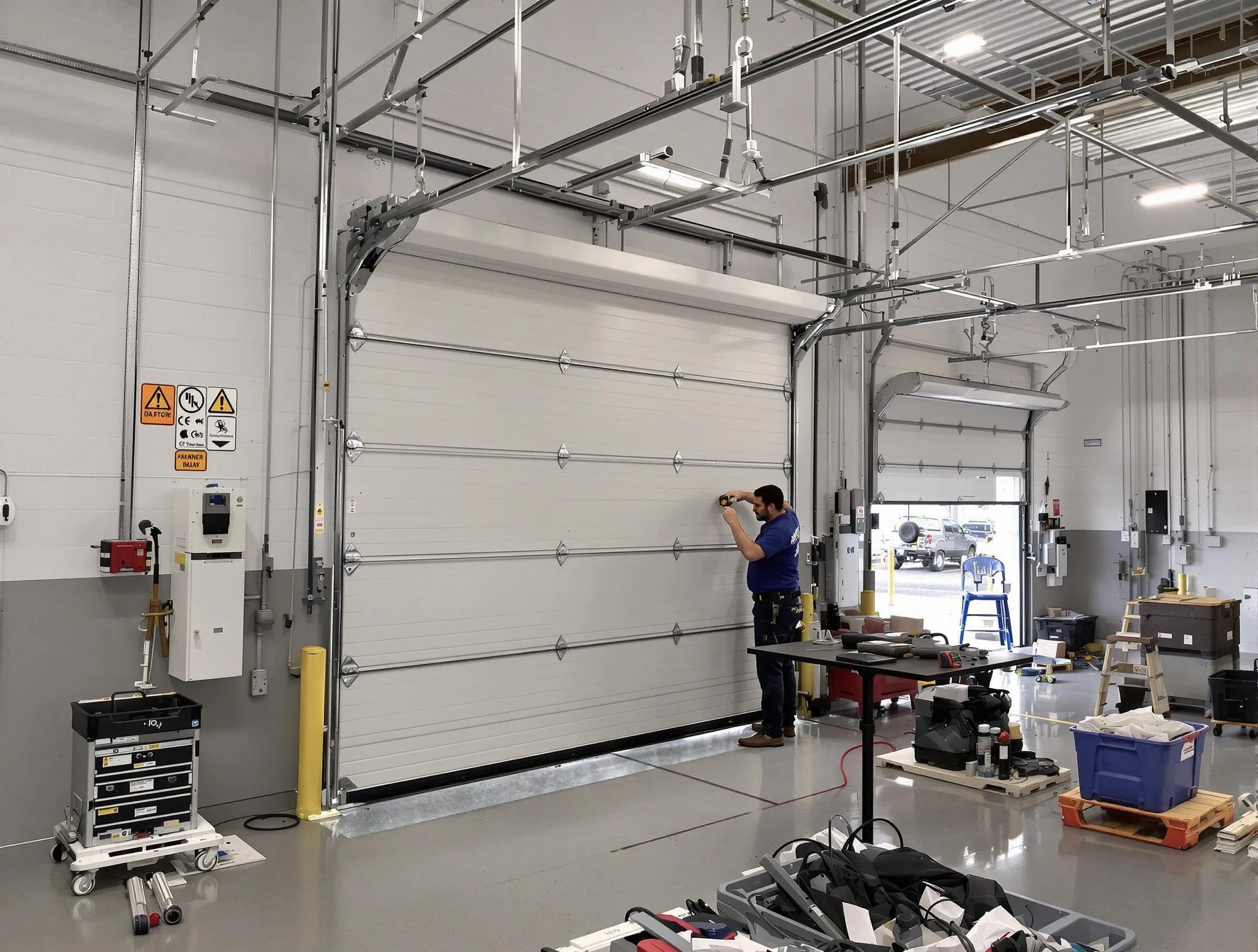 Commercial garage door repair being performed by West Point Garage Door Repair expert in West Point