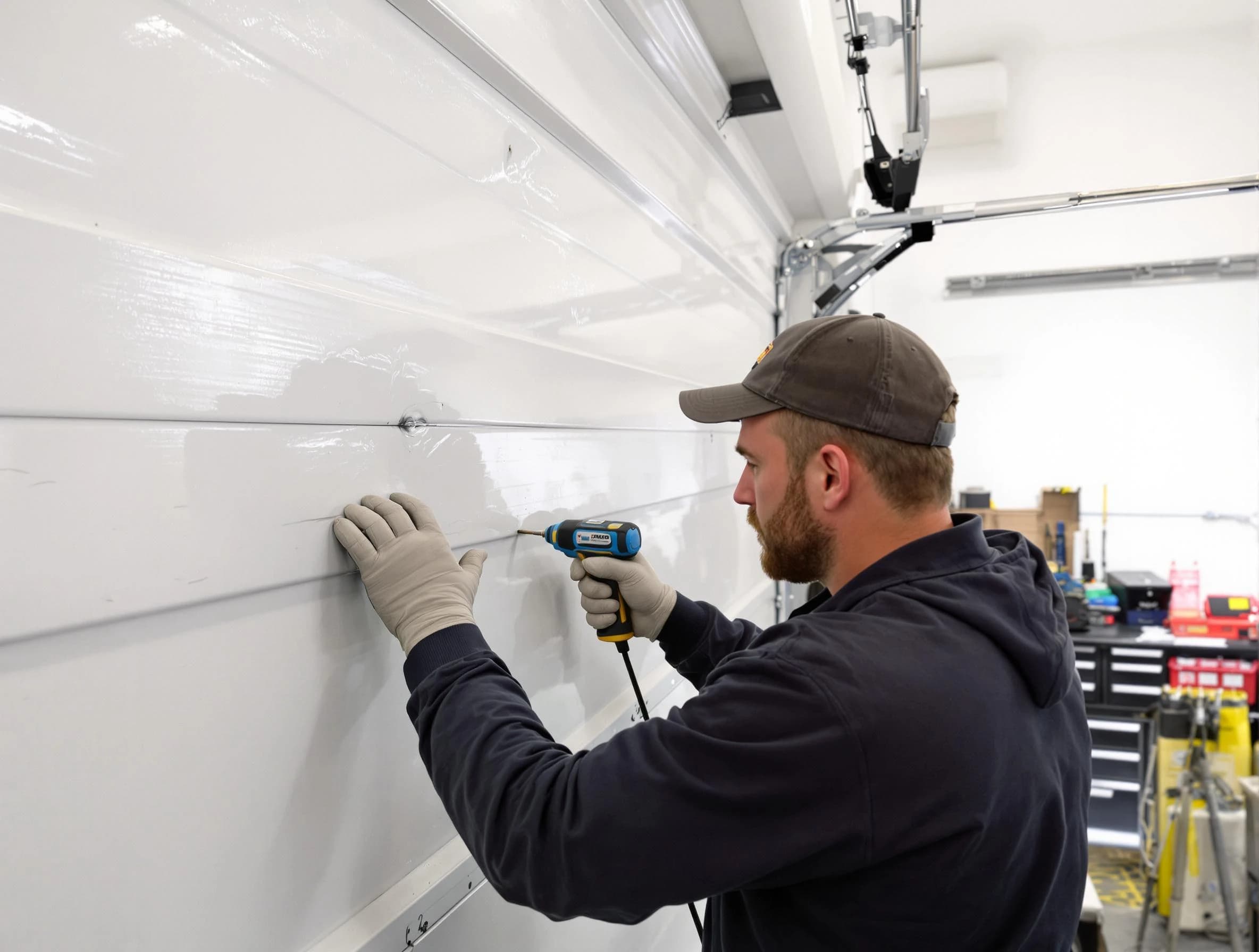 West Point Garage Door Repair technician demonstrating precision dent removal techniques on a West Point garage door